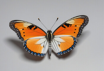 Fototapeta na wymiar Blue white orange butterfly with spread wings cut out on transparent background
