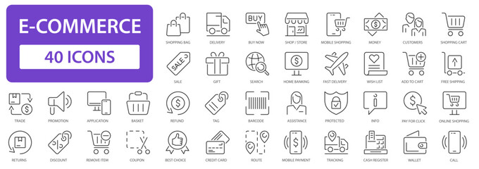 Fototapeta na wymiar E-commerce line icons collection. Online shopping and delivery outline sign dig set. Simple vector icon.