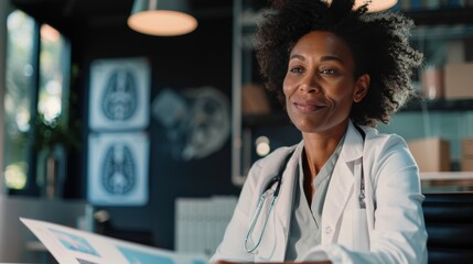 Confident doctor with digital tablet in clinic, medical imagery in background.