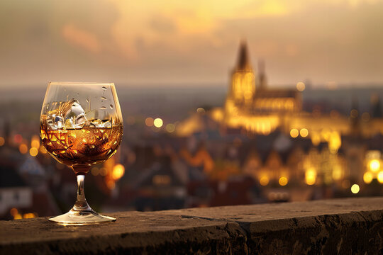 Sunset Whiskey on the Rocks Overlooking a Historic Cityscape Banner