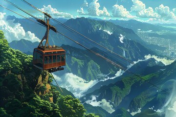 Majestic Mountain Cable Car Journey Over Lush Green Valleys Banner - obrazy, fototapety, plakaty