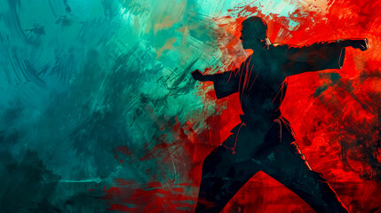Dynamic martial artist silhouette on abstract background - obrazy, fototapety, plakaty