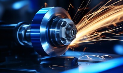 A closeup of an aluminum spool turning on the lathe, with sparks flying around it in blue and white tones. The background is dark and blurred, creating depth.