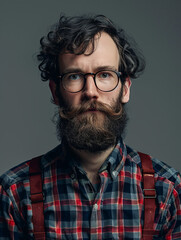 Obraz premium Quirky man with curly hair and a long beard posing with suspenders and a plaid shirt in a studio