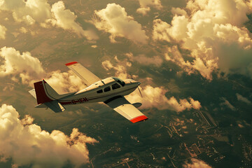 Single Engine Aircraft Soaring Above Clouds at Sunset Banner