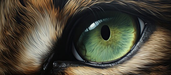 A closeup shot capturing the vibrant green iris of a cats eye, highlighted by long eyelashes and whiskers. The felidaes carnivore features are enhanced by the lens, resembling a piece of art - obrazy, fototapety, plakaty