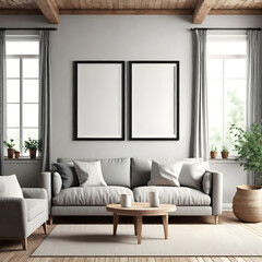 Empty frame mockup in the living room. 3d rendering
