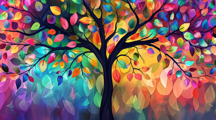 Colorful tree with leaves on hanging branches illustration backg