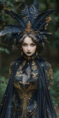 Fototapeta na wymiar dark queen wearing black and gold dress. She has pale skin. The background is a dark forest. Wearing a feather cape outfit and black makeup, with a dark mood vibe. generative AI