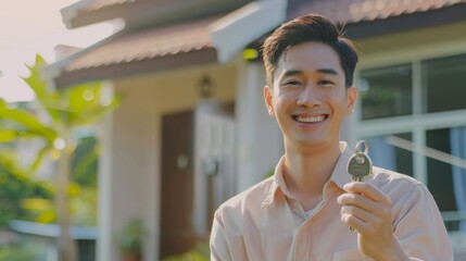 man buying or rent new home she holding key front of new house. Surprise happy young asian woman giving house key and smile to rent or purchase apartment home. Moving relocation house rent concept - obrazy, fototapety, plakaty