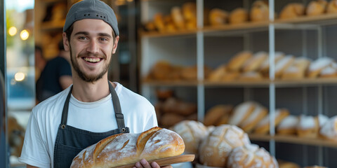 Smiling Young Baker Holding Freshly Baked Bread in Artisan Bakery - obrazy, fototapety, plakaty