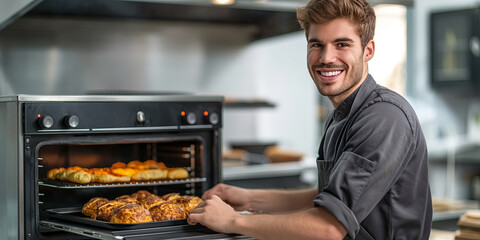 Smiling Young Man Baking Homemade Pastries in a Modern Kitchen Oven