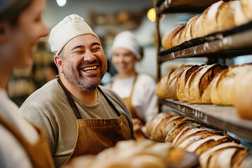 Baker with Down Syndrome With a Warm Smile Serving Fresh Bread to Happy Customer