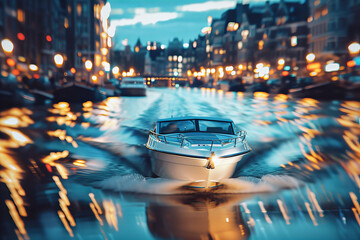 Twilight Serenity on Water: A Serene Evening Boat Ride Banner - obrazy, fototapety, plakaty