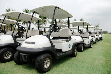 Many golf carts on the golf course are ready to serve golfers.