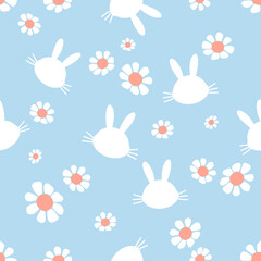 Seamless pattern with bunny rabbit cartoons and daisy flower on blue background vector.