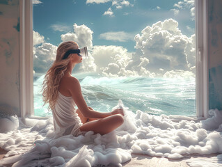 A young woman wearing virtual reality glasses sits in a room and relaxes by the sea. Metaverse, VR, gadgets, technology concept - 763257306