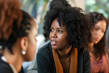 Group of African American women having a conversation in the office