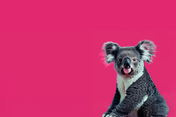 koala blanc et gris, bouche ouverte, gueule de face, corps de profil, sur un fond rose vif avec espace négatif copy space - obrazy, fototapety, plakaty