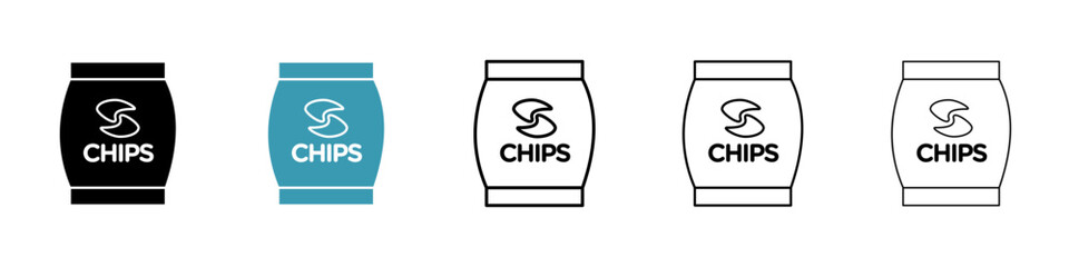 Packaged Chips Snack Icons. Crispy Potato Chips Bag Pictograms. Salty Snack Packaging Symbols