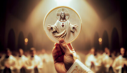 Sacrament of Eucharist: Priest's Hand Elevating Consecrated Host with Sacred Heart of Jesus Image in Holy Communion.

