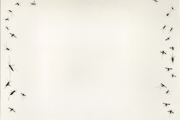 moustiques en ligne sur les bords sur un fond blanc crème, beige avec espace négatif copy space au centre. Insectes nuisibles  - obrazy, fototapety, plakaty