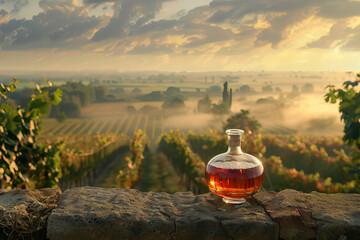 Golden Sunrise Over Misty Vineyards with Elegant Cognac Bottle Banner