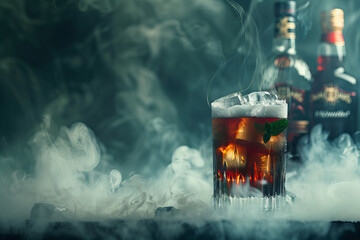 Mystical Smoky Ambience with Icy Beverage and Spirits Banner - obrazy, fototapety, plakaty