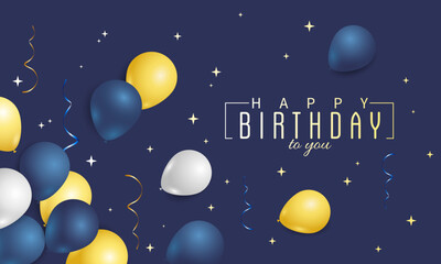 Happy Birthday congratulation card with blue, yellow and white balloons