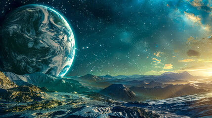 Naklejka na ściany i meble Majestic alien landscape with earth view