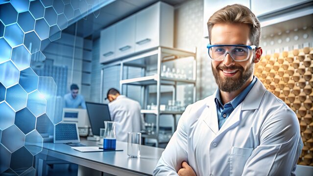 Close-up, portrait of a scientist against the backdrop of a scientific laboratory. Scientific developments, conducting experiments, and analyzing results.