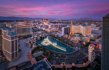 Las Vegas, USA - 22 June 2014: Aerial view of Las Vegas skyline at dusk, Las Vegas, Nevada, United States.