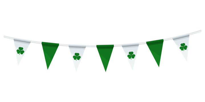 St Patrick's Day green and white triangle flags on the string