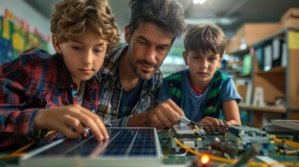 Science instructor engages with a group of curious young students in a modern classroom, assembling a sophisticated solar panel system. This educational experience exemplifies - obrazy, fototapety, plakaty