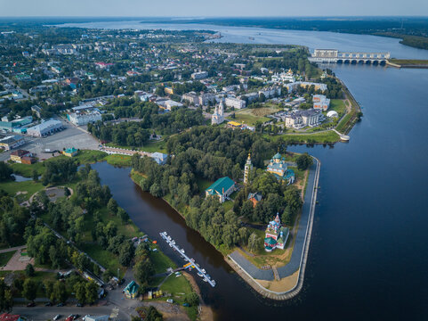Aerial view of Uglich with Tserkov Tsarevicha Dimitrija Na Krovi Church, Volga River, Yaroslavskaya oblast, Russia.