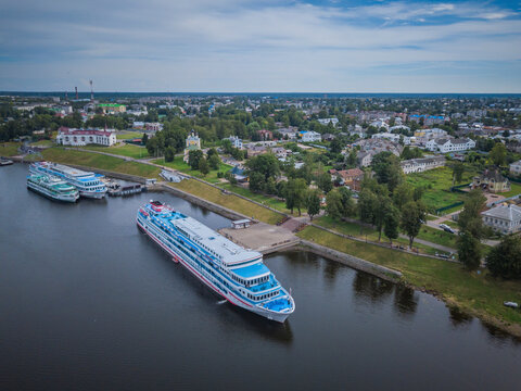 Aerial view of Uglich town and Volga river with passenger ferry, Yaroslavskaya oblast, Russia.