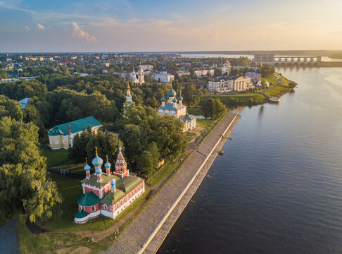 Aerial view of Tserkov Tsarevicha Dimitrija Na Krovi Church and Volga River, Uglich, Yaroslavskaya oblast, Russia.