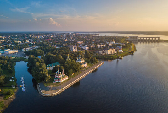 Aerial view of Tserkov Tsarevicha Dimitrija Na Krovi Church and Volga River, Uglich, Yaroslavskaya Oblast, Russia.