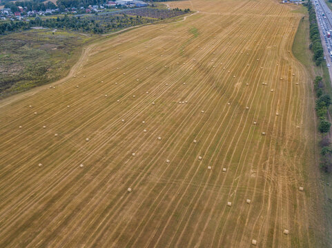 Aerial view of haystack field, Uglich, Yaroslavskaya oblast, Russia.