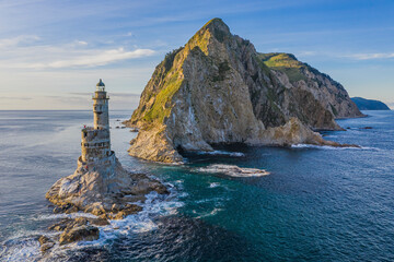 Aerial view of Aniva lighthouse on Sakhalin island, Sakhalin oblast, Russia.