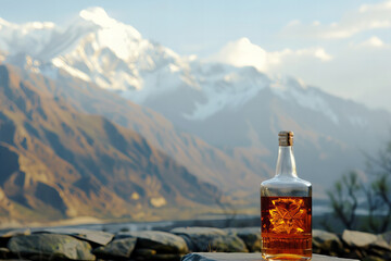 Exclusive Fine Whiskey Amidst Majestic Snowy Peaks - A Banner Celebrating Mountain Serenity and Spirits
