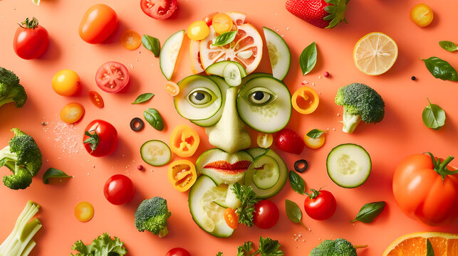 Fresh Fruit and Vegetable Face on a Colorful Background