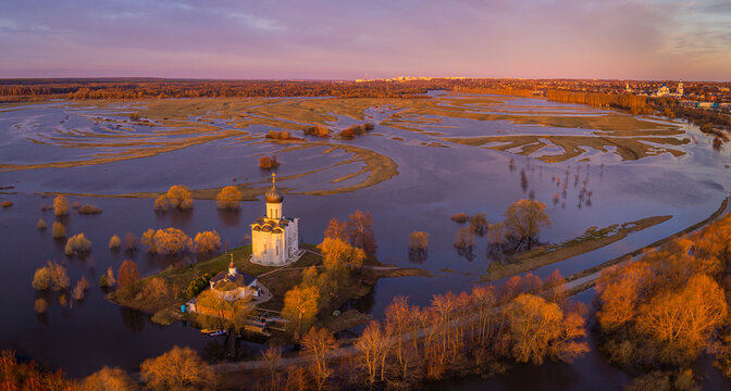 Aerial view of Nerl river flood and Church of the Intercession on the Nerl, Bogolyubovskoe, Russia.