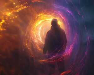 Quantum Being, glowing aura, mysterious entity exploring parallel universes, ethereal glow, 3D render, Rembrandt lighting, Lens Flare effect - obrazy, fototapety, plakaty