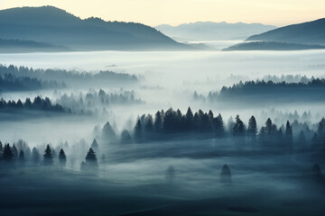 A serene landscape shrouded in a soft, ethereal fog, a blanket of mist envelops the terrain