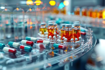 An automated conveyor belt in a pharmaceutical factory with medicine bottles and capsules, illustrating mass production of medications. - obrazy, fototapety, plakaty