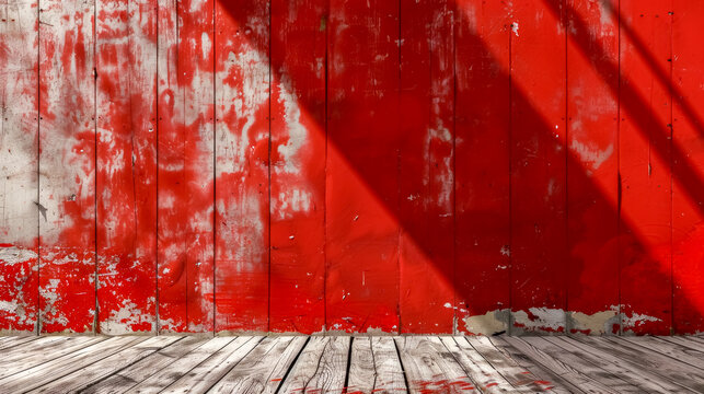Grunge red painted wall with wooden floor