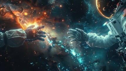 Astronaut's gloved hand extends toward a holographic projection displaying intricate galaxy maps, symbolizing a cosmic partnership between artificial intelligence and human space emphasizing - obrazy, fototapety, plakaty