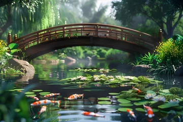 Foto op Canvas Peaceful Zen Pond: A tranquil scene of a zen pond with koi fish, water lilies, and a gracefully arched bridge, radiating peace and serenity.   © Tachfine Art