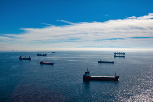 Aerial view of cargo ships anchored in the Marmara Sea waiting to enter the Bosphorus, Istanbul, Turkey.